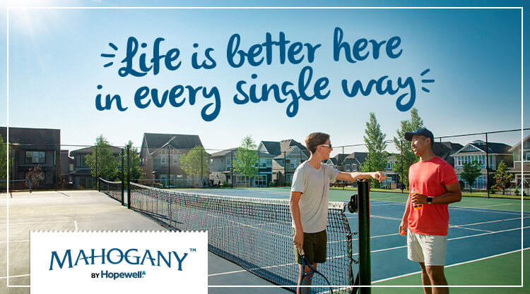 Text: Life is better here in every single way. Image: Two men chatting at the tennis courts